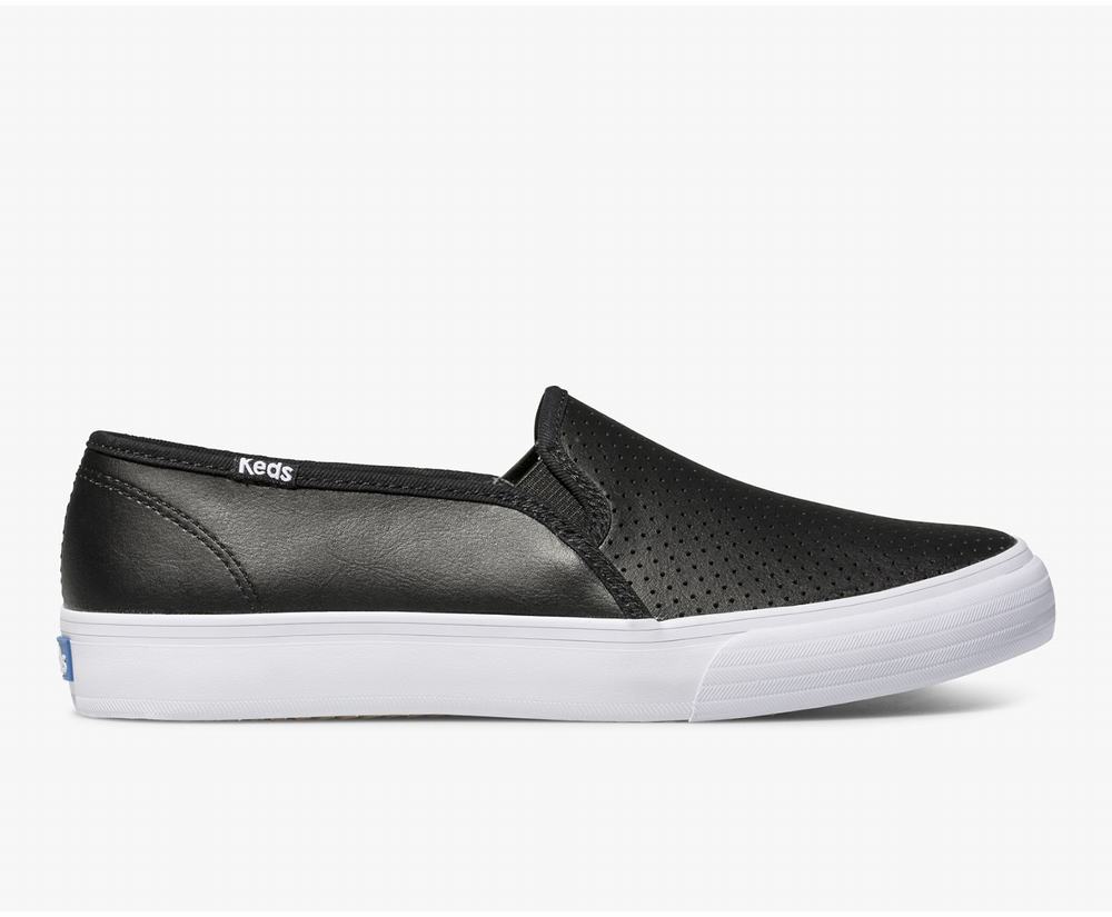 Women's Keds Double Decker Perf Leather Slip Ons Black 9463570JG - South Africa